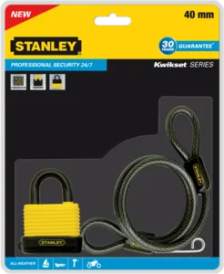מנעול קומבינציה 40מ"מ+כבל פלדה STANLEY